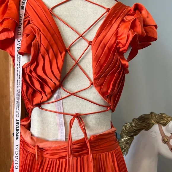 NWT Mac Duggal 26729 [12] Pleated Ruffled Cap Sleeve Cut Out Lace Up Gown Orange - Picture 4 of 12